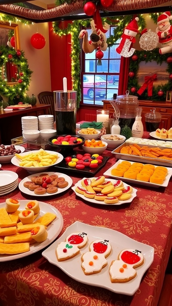 A vibrant Christmas party table with appetizers, decorated cookies, and a hot chocolate bar.